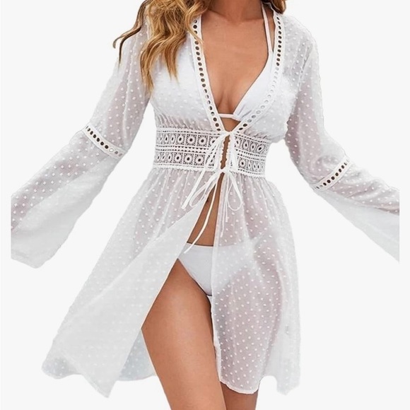 AOLRO Women's Sexy Swiss Polka Dot Chiffon Swimsuit Coverup Long Flare Sleeve - Picture 8 of 10